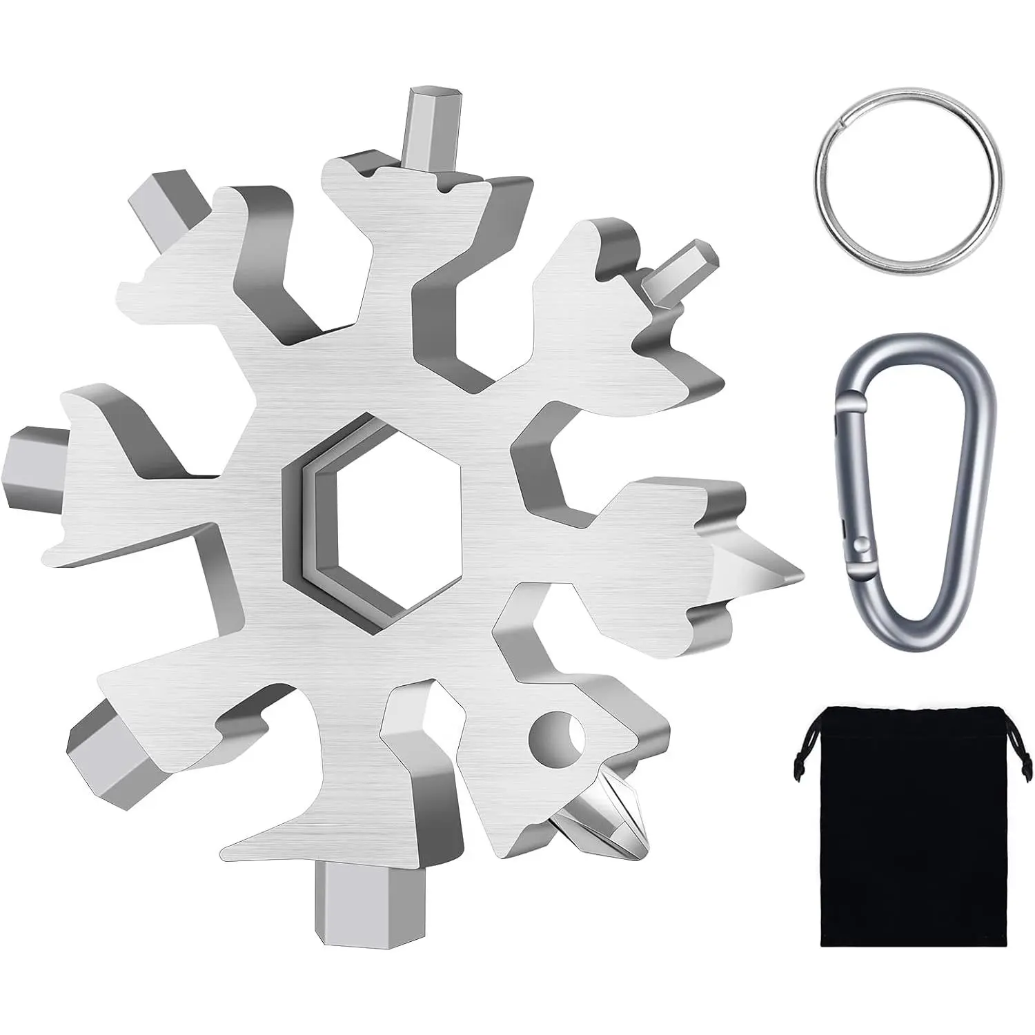 Snowflake Multitool, 1 Piece 18-in-1 Stainless Steel Snowflake Standard Multitool, Snowflake Wrench with Key Ring, Carabiner Clip and Gift Bag (Silver)