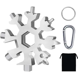 Snowflake Multitool, 1 Piece 18-in-1 Stainless Steel Snowflake Standard Multitool, Snowflake Wrench with Key Ring, Carabiner Clip and Gift Bag (Silver)