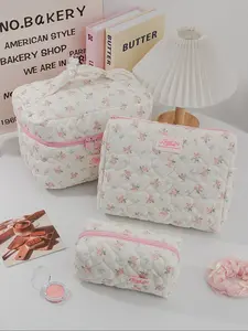 Floral Pattern Quilted Makeup Bag Set, /set Portable Cosmetic Storage Bag, Zipper Makeup Organizer Pouch, Versatile Storage Bag for Travel, Office, Home, Makeup Box Organizer