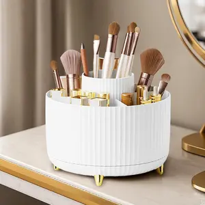 A 360 degree rotating cosmetics storage box - cosmetics storage box, display box with 5 compartments - multifunctional brush, lipstick, skin care and stationery storage box - durable and odorless luxury stripe design desktop storage box Organiser
