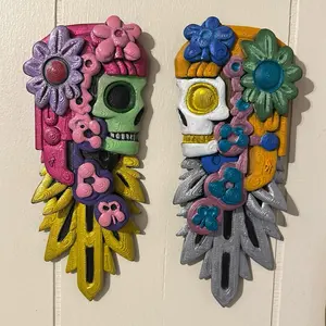 Colorful Floral Skull Wall Decor Folk Art Sugar Skull Style Hanging Set of 2 Vibrant Floral Design for Home Decor