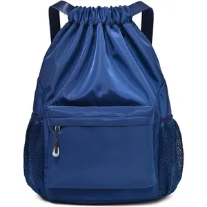 Drawstring Backpack for Women, Waterproof Drawstring Gym Bag for Men, Small Cinch Sack for Basketball, Pull String Sport Bag for Soccer. (Deep Blue)