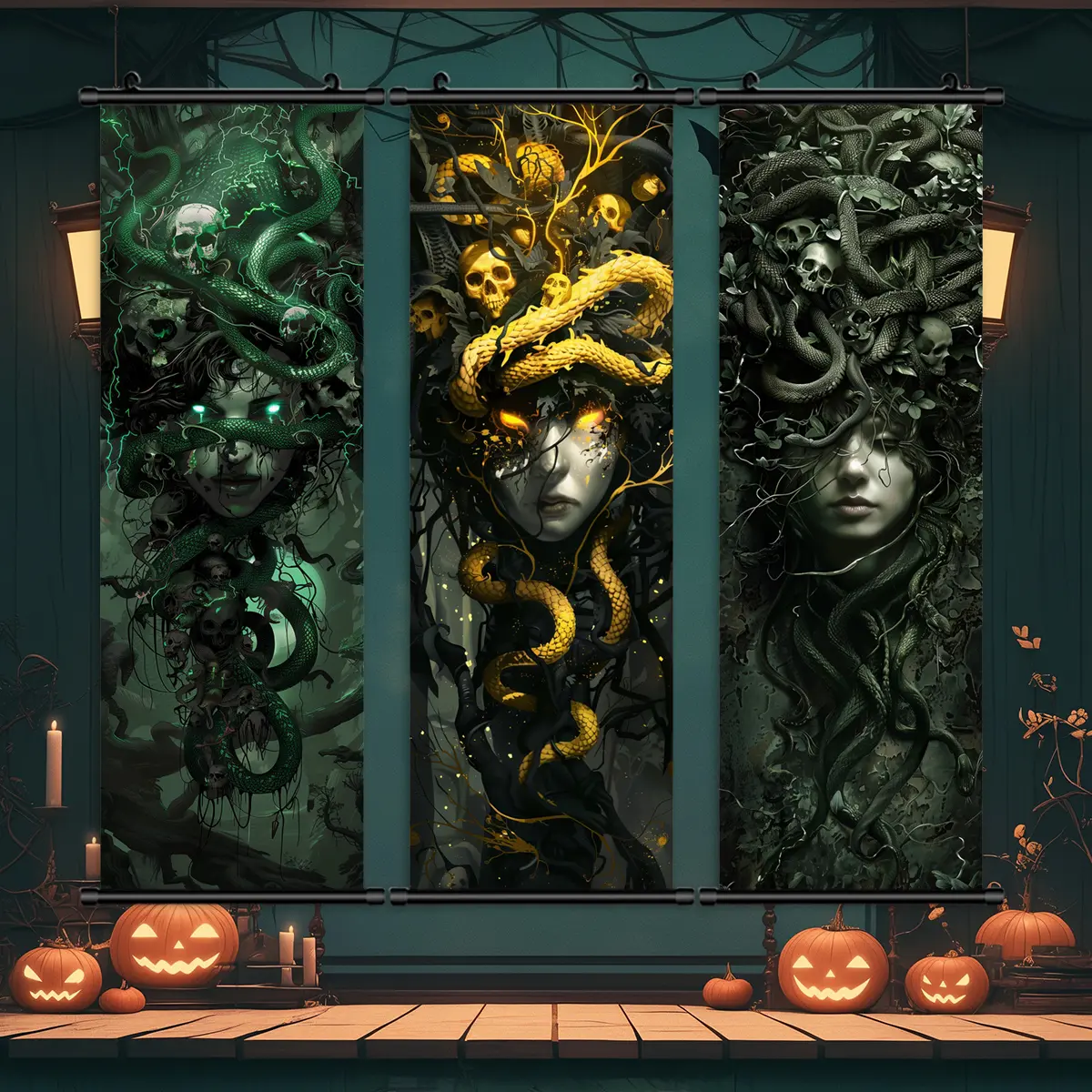 3 Counts Halloween Hanging Banner, Gorgon Medusa Snakes Skulls Dark Art, Halloween Mural And Decorative Posters, Fun Party Decorations, Horror Themes, Living Room, Bedroom, Home Posters, High Definition, Waterproof, Ideal Gifts