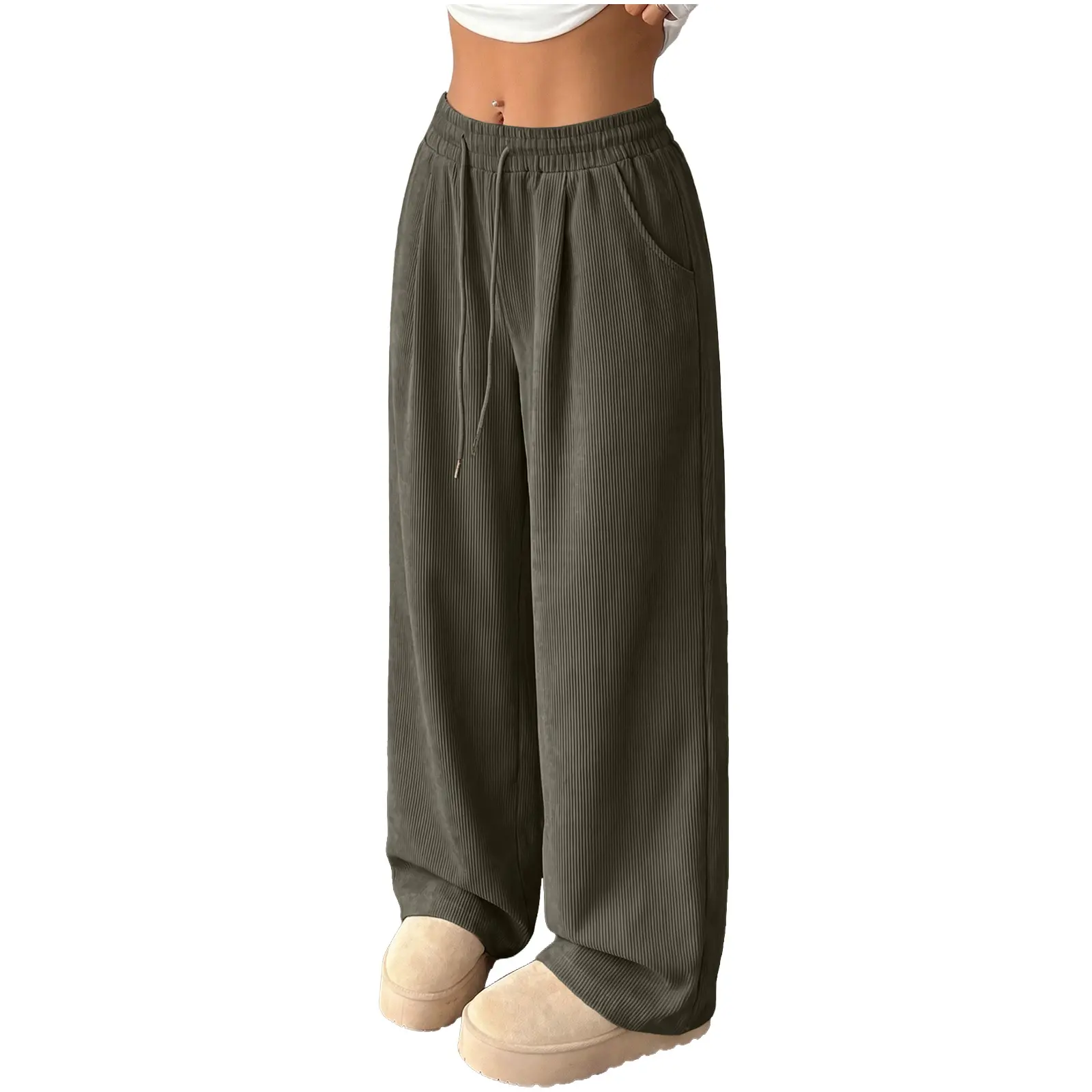 EVALESS High Waisted Corduroy Wide Leg Pants, Elastic Drawstring Waist Casual Trousers with Pockets, Warm Fall Winter Pants  Deals For You Days summer outfits,back to school shopping