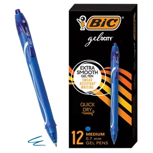 BIC Gel-ocity Quick Dry Blue Gel Pens, Medium Point (0.7mm), 12-Count Pack, Retractable Gel Pens With Comfortable Full Grip