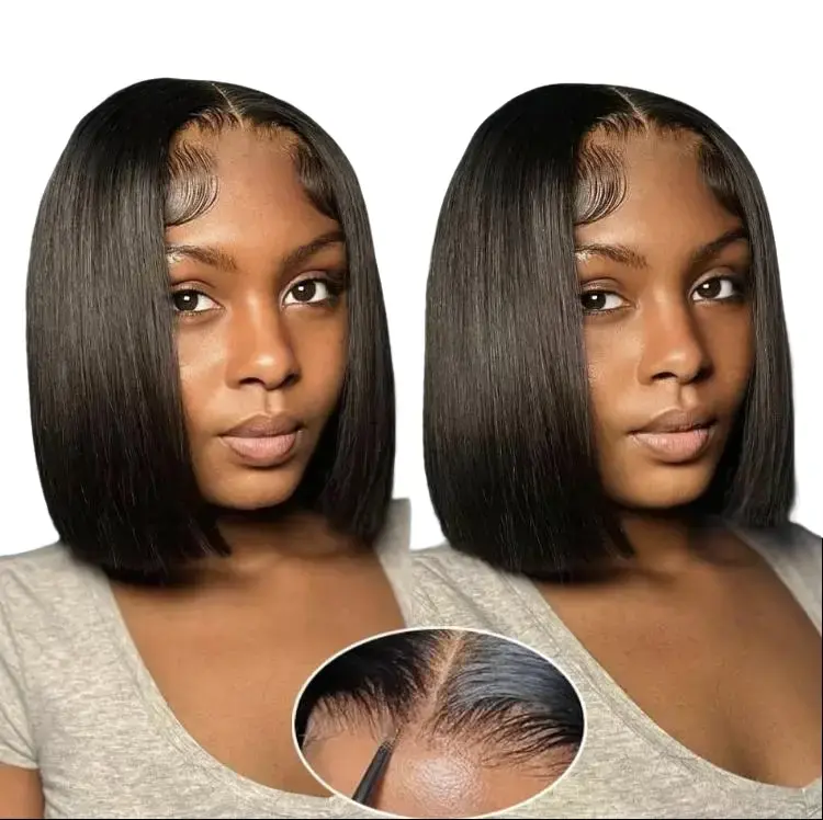 Women's 4x4 Glueless Lace Front Wigs - Black Straight Bob Human Hair Wig Pre-Plucked Closure Pre Styled for Natural Look & Easy Styling No Glue Wig Glueless Wigs Convenient Wigs