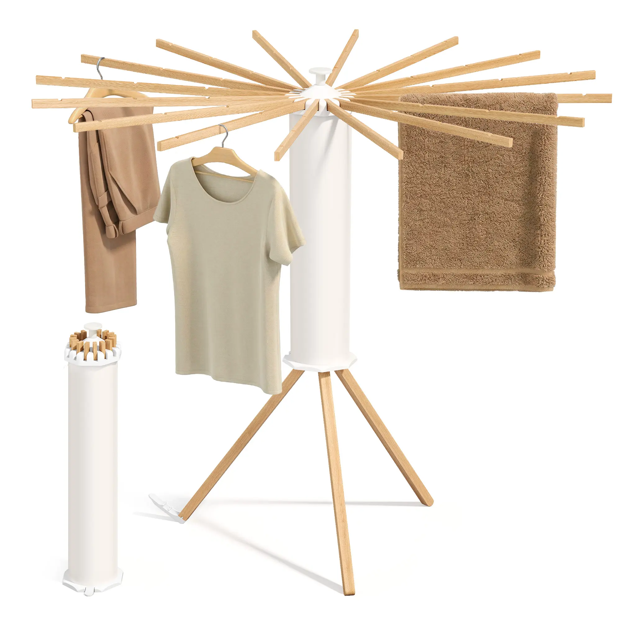 SONGMICS Foldable Rotary Tripod Clothes Drying Rack, 360-Degree Rotatable Portable Floor Standing Airer with 16 Pull-Out Rods, Natural Air Drying for Laundry Room, Balcony