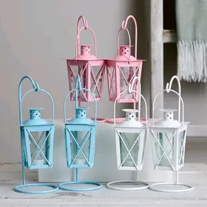 Dual Hanging Tabletop Railroad Candle Lanterns, Decorative Light Home Decor, 9" Tall, Pink