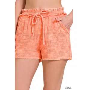 Acid Washed Gauze Shorts in Coral
