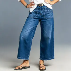 Wide Leg Stretch Jeans - Comfortable Soft and Breathable for Casual Wear Denim Womenswear with High Waist and Loose Fit pork chop pocket jeans