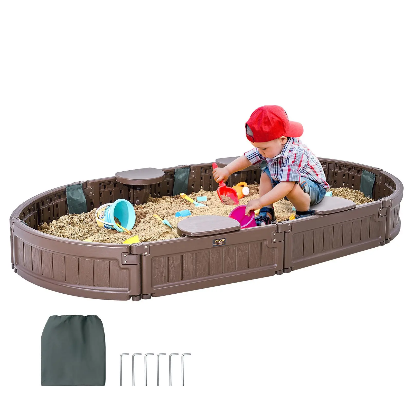VEVOR Durable HDPE Above Ground Oval Sandbox with Cover, 72x41.5x9.1in, 4-Corner Seats, Bottom Liner, Easy Assembly, Durable Materials, Outdoor Backyard Pool Water Sand Toy for Kids 3-12, Brown, Fosters Childhood Memories#BacktoSchool