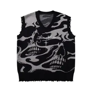 Men's Gothic Skull Cross Embroidered Knit Sweater Vest, Casual Round Neck Pullover for Fall & Winter, Trendy Street Fashion