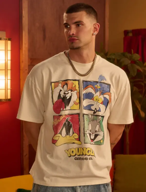 YounLA Cartoon Graphic Shirt, Bugs Bunny Daffy Duck Taz Road Runner Character Tee, Retro Animation T-Shirt