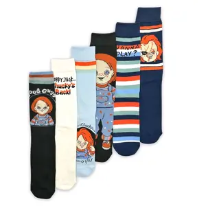 Chucky Men's Crew Socks 6pk - Featuring Iconic Chucky Design in Various Colors and Patterns