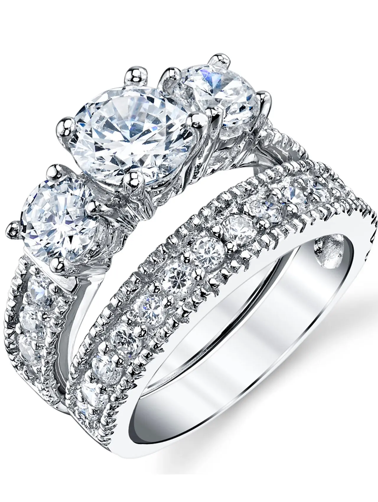 Women's 3.4Ct. Sterling Silver Past Present Future 2-Pc Bridal Set - Engagement Ring, Wedding Band, Round Cut Artificial Zircon Ring Jewelry with Matching Wedding Band