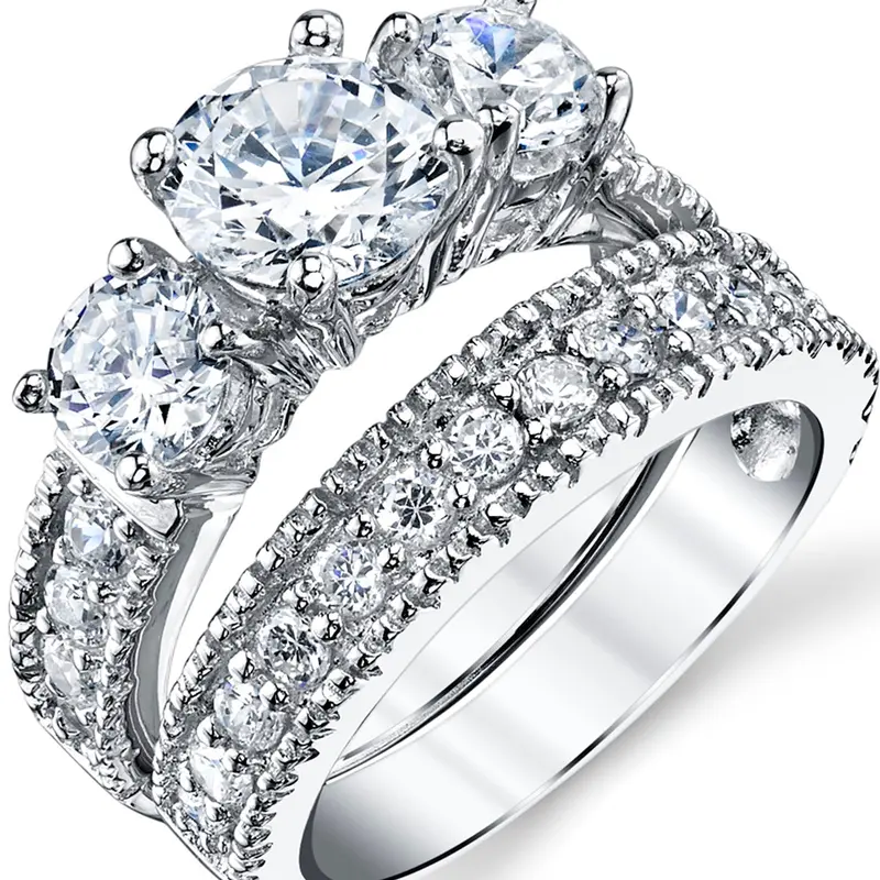 Women's 2-Piece 925 Solid Sterling Silver Wedding Ring Sets - 3.4Ct 10mm Round Cut Artificial Zircon Engagement & Matching Band, 2 Carat Statement Ring, Complimentary Gift Box (Total Weight Included)
