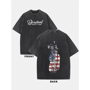 Men's Vintage Washed 230g Cotton T-Shirt - Double-Sided Golf Flag & Patriotic Clubs Print, Loose Fit Round Neck Short Sleeve, Breathable Summer Casual Tee for Golf & Outdoor Activities, Casual Summer Tee |   Relaxed Fit Tee |   Washed Cotton Fa vintage t-
