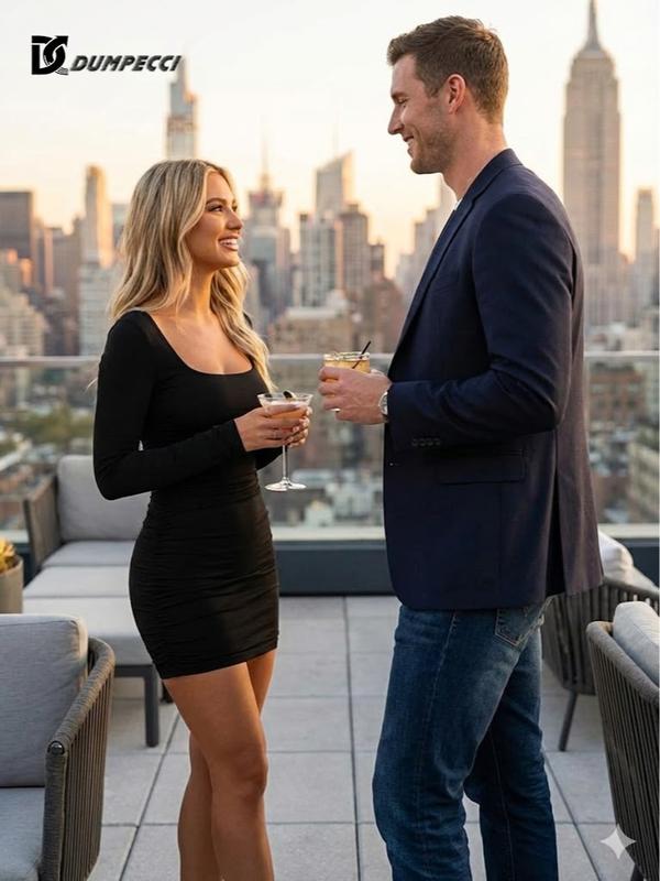 DC DUMPECCI Womens Sexy Long Sleeve Bodycon Mini Dress Square Neck Ruched High Elasticity Solid Color Machine Washable Going Out Dress for Cocktail Party Club Casual & Formal Occasions