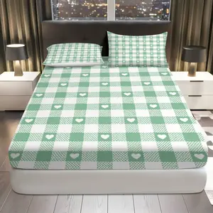 3Pcs Green Checkered Heart Fitted Sheet Three Piece Set (1*Fitted Sheet+2*Pillowcases, Coreless), Valentines theme, Gingham Bedding Set, Mattress protector Soft, Breathable