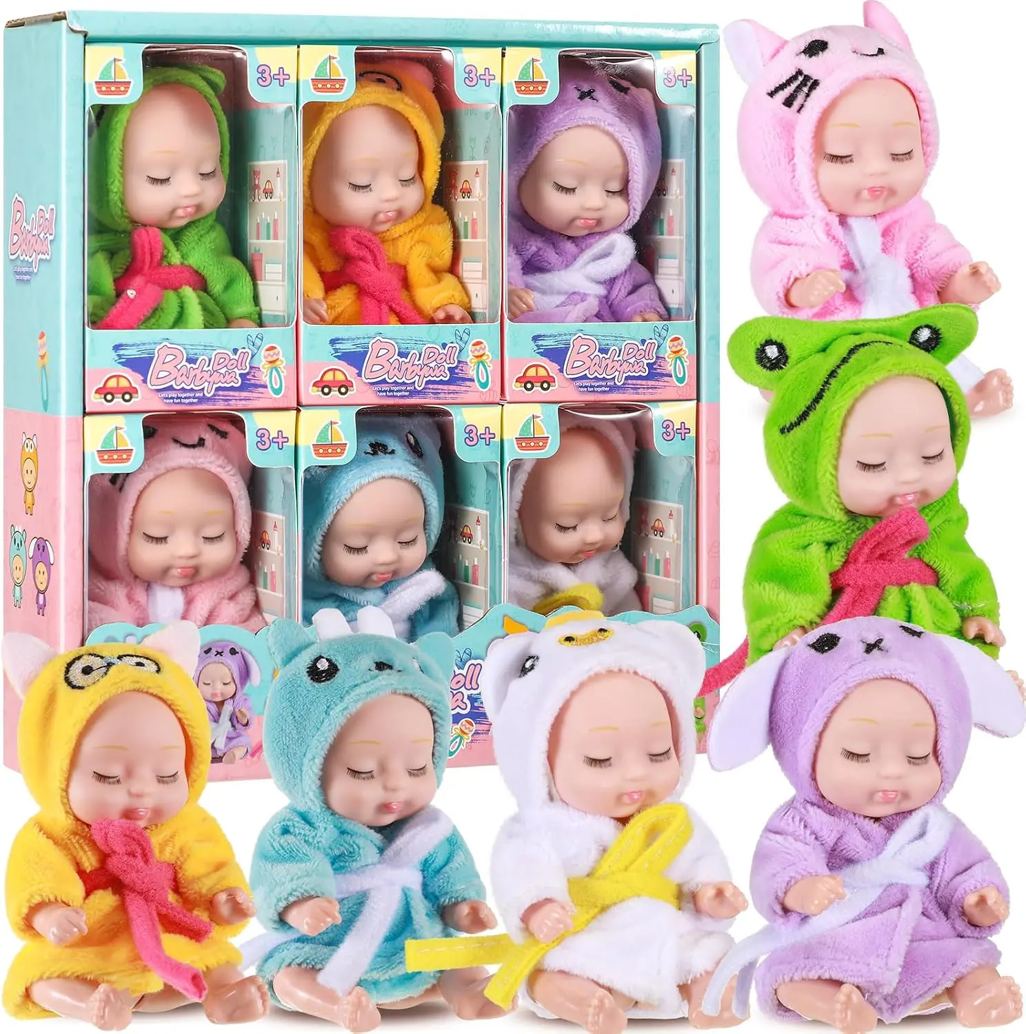 6 Pcs Mini Baby Dolls 4 Inch Easter Basket Dolls Tiny Reborn Lifelike Realistic Holiday Birthday Gifts Set for Girls Toddlers Kids Basket Stuffers(Sleepwear)