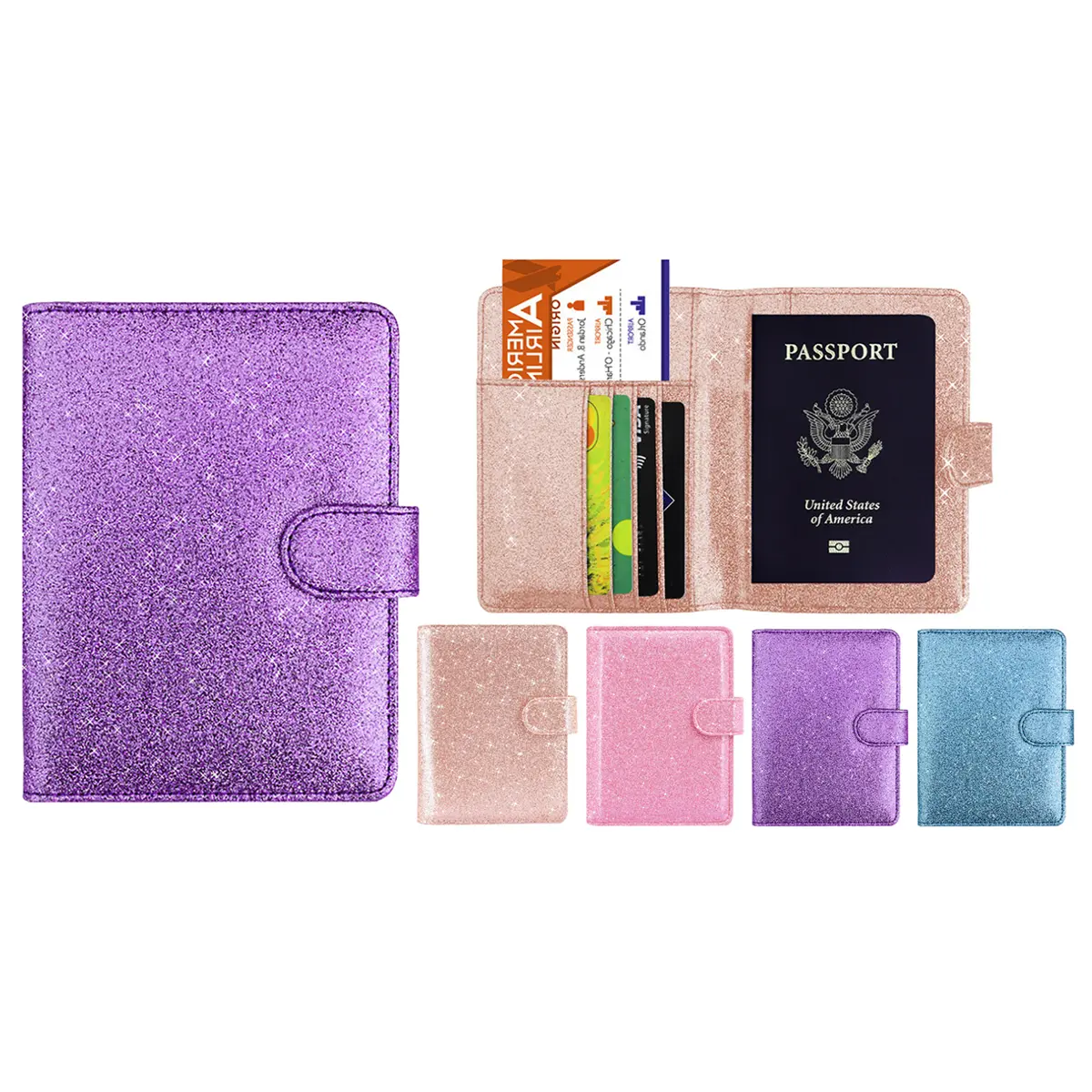 2-Pack Glitter Bling RFID Passport Organizer – CDC Vaccination Card Holder, Secure Travel Document Case