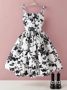 Girls Floral Print Ruffle Detail Strap Dress, Floral Pattern Dress, Fashionable Lightweight Comfort, Stylish and Elegant Design, Perfect for Daily Wear