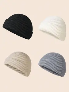 Men's Solid Color Beanie Set, Knit Style, Knitted Hat, Perfect for Fall & Winter Daily Wear, 4 Piece Pack, Casual Fashion Accessories