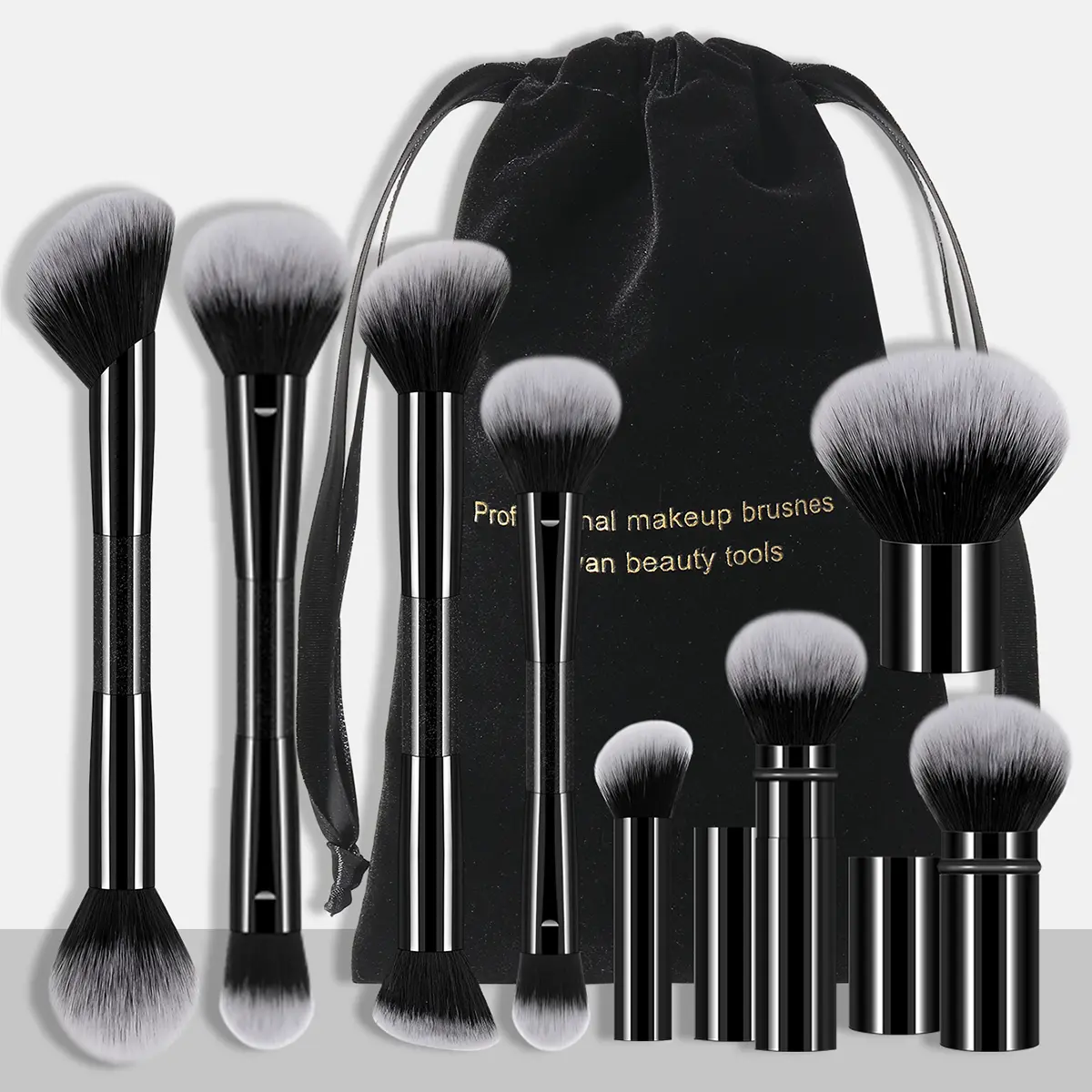 8Pcs Dual Ended Makeup Brushes Set Soft Synthetic Bristles Foundation Powder Blush Eyeshadow Brush with Storage Pouch Professional Beauty Makeup Tools