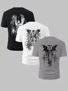 Men's Trendy Fashion 3-Piece Set Angel Graphic Pattern Print Round Neck Fitted Short Sleeve T-Shirt, Casual Comfortable Menswear Top for Summer Outdoor Wear