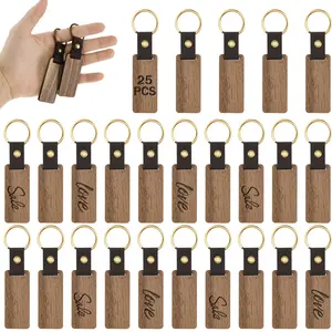25Counts Wooden Keychain Blanks DIY Blank Wood Keychains with Leather Straps Walnut Wood Keyring Blanks Unfinished Wooden Keychains for Engraving Key Tags Wood Crafts