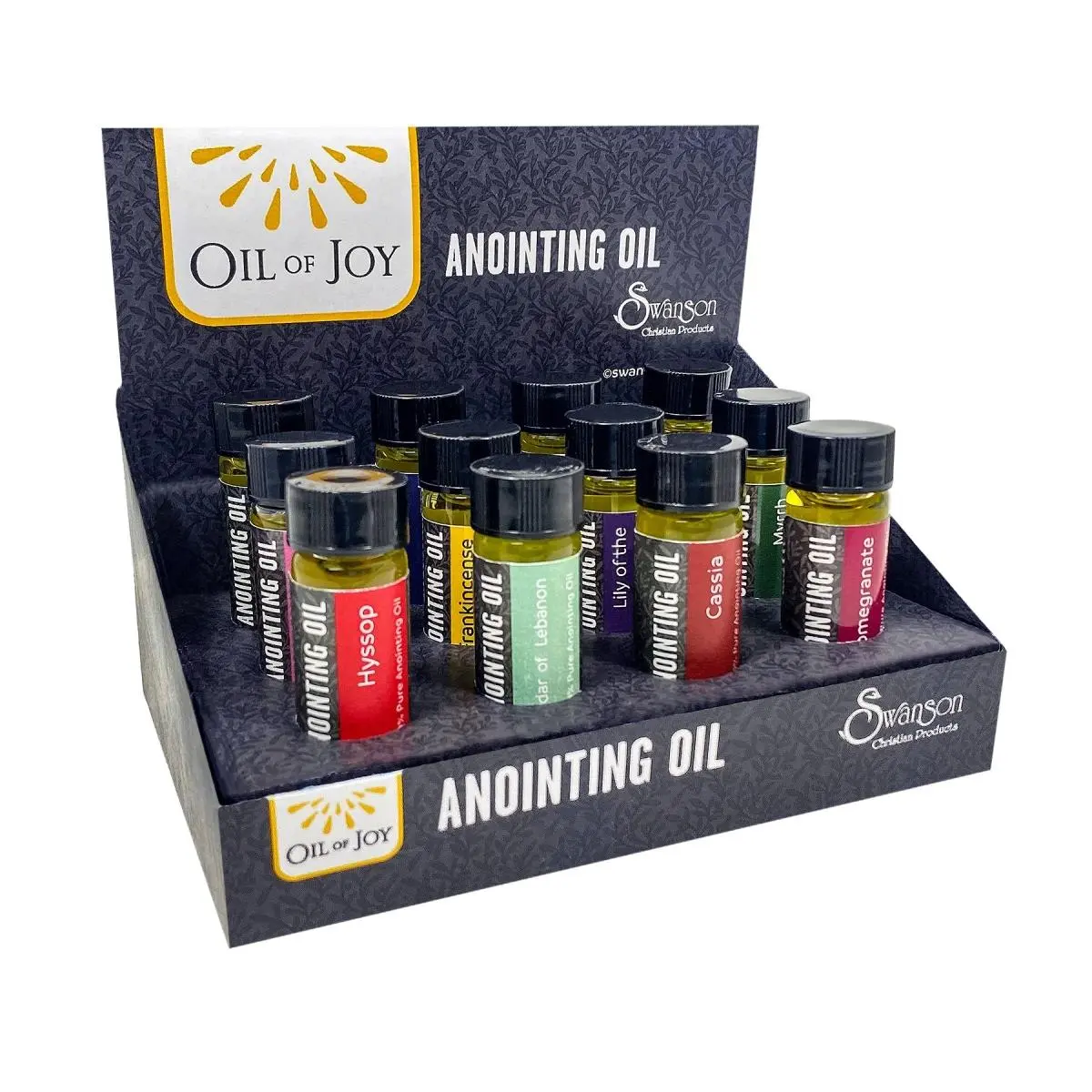 Swanson Christian Supply Assorted Scented Essential Anointing Oil Display - 0.25 oz Cedar Scent Included, Pack of 12, for Health, Wellness, Therapeutic Aromatherapy Treatment (SKU: 264705)