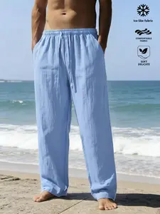Men's Summer High-Quality Straight-Leg Pants, Summer Beachwear, Casual Loose Fit, Suitable for Everyday Wear, Comfortable and Breathable Fabric, Drawstring Waist Trousers, Easy Care High Quality Light Blue