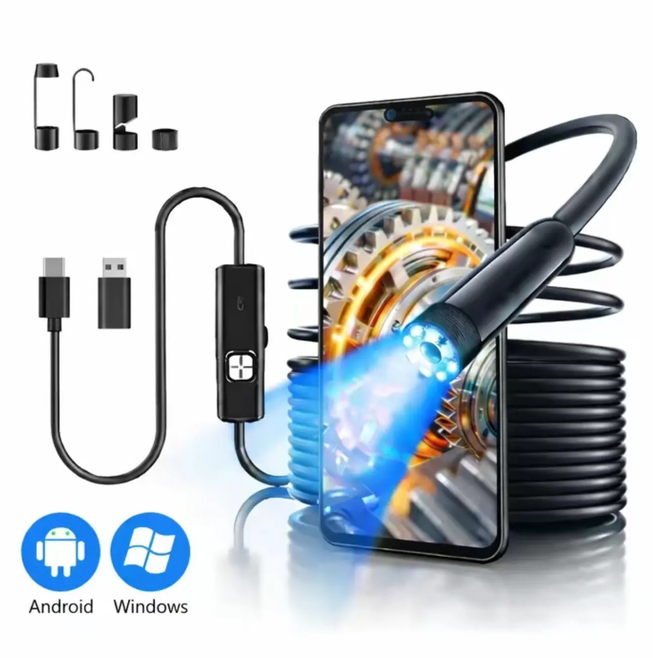 Dual-Lens Inspection Endoscope Camera, 2m/5.8ft Semi-Rigid Snake Camera with 8 Adjustable LED Lights, 1920P/1080P HD IP67 Waterproof Borescope, Type-C/OTG/USB-C Compatible for Android & Windows Car Repair Diagnostic Tools