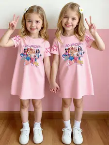 Girls K-Pop Hunter Theme Fashion Dress, Anime Pattern Printed, Casual New Trend Clothing, Birthday Gift, Ages 4-12, Daily Wear