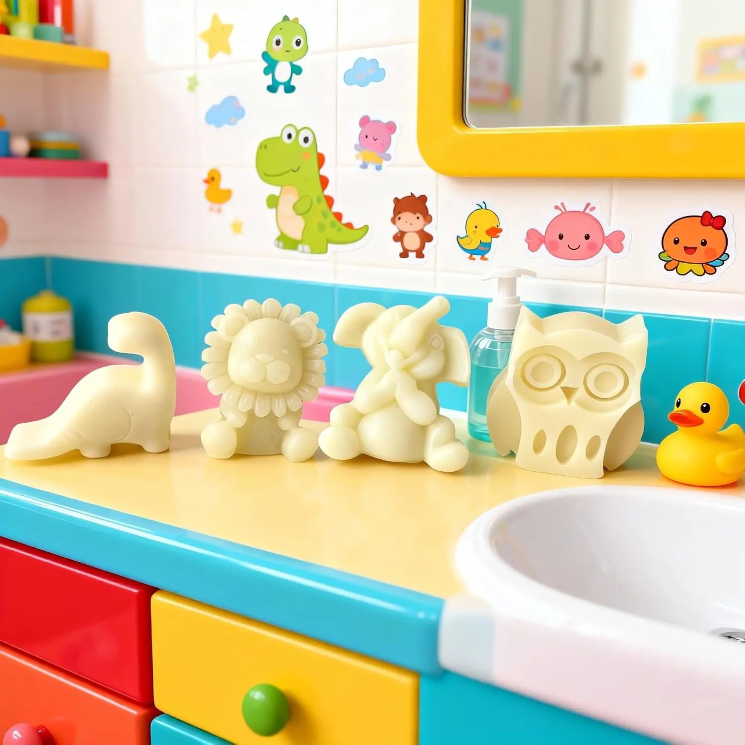 Animal Shaped Soap Set 4 Pack Lion Elephant Dinosaur & Owl Gentle Cleansing Bars for Hand Washing Bath Time Fun & Birthday Gifts