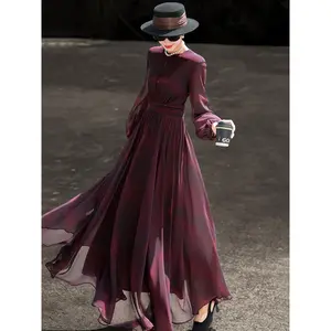 Lanser 2025 Early Autumn New Style French Elegant Long Skirt Vintage Printed Long Sleeve Waist Swing Dress