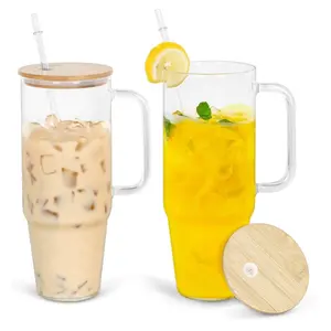 Pack of 2 Glass Cups with Lids and Straws 40 Oz Tumbler with Handle for Iced Drinks & Lemonade Bottle Drinkware Reusable Washable Portable
