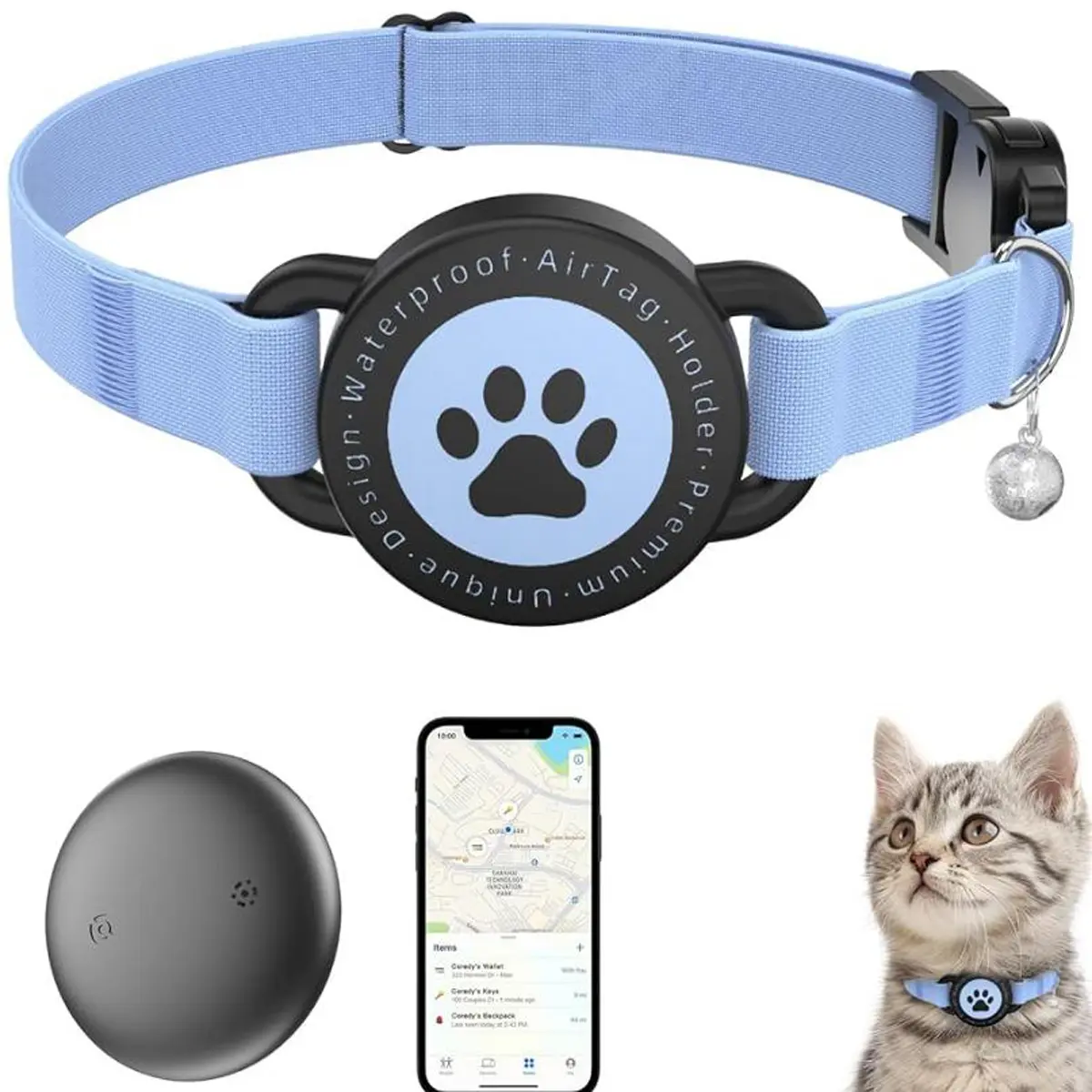 Smart Pet Tracker Cat Collar with Free No-Monthly-Fee GPS Tracker (AirTag Alternative) & Holder Included | Waterproof Breakaway Anti-Lost Collar for Cats, Kittens & Small Dogs | Location Device Included