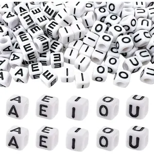 500pcs Vowel Pony Beads Letters for Keychains Making (A, E, I, O, U), 6x6mm Large Hole Vowel Square Letter Beads for Bracelets Making, Alphabets, Numbers (White and Black)