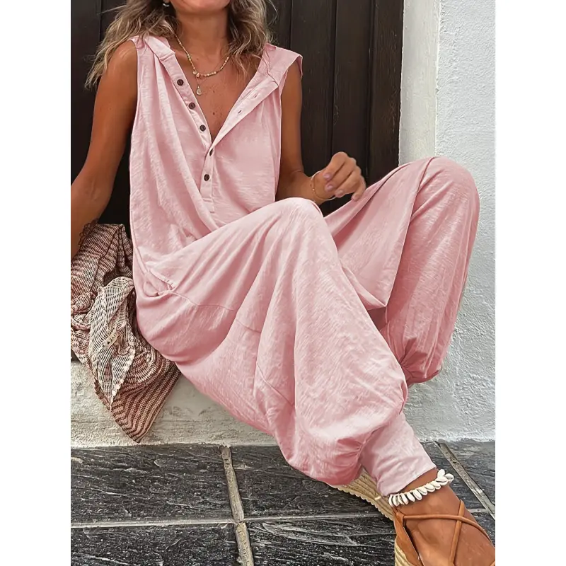 Women's 100% Polyester Solid All-Seasons Sleeveless Hooded Jogger Overalls with Long Cuffed Pants, Apricot Casual Jumpsuits for Women, Machine Washable, Long Pants, Dry Cleaning, Button, Woven, Plain, Hooded Neck, Xl