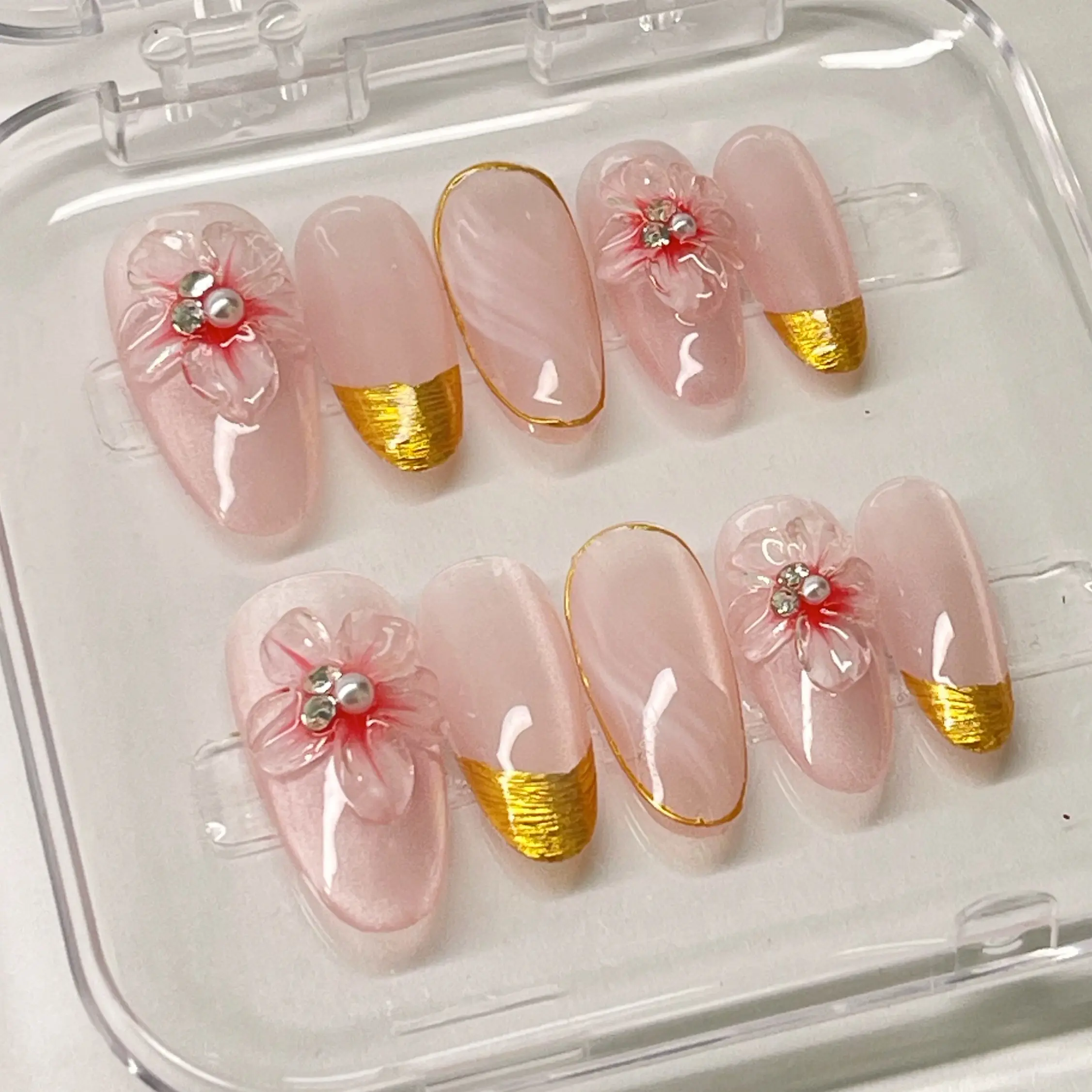 [Pinky Flower] Medium Oval Handmade Press on Nails, Fake Nails with Nail tool kit with Jelly Stickers, Reusable, Durable