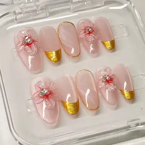 [Pinky Flower] Medium Oval Handmade Press on Nails, Fake Nails with Nail tool kit with Jelly Stickers, Reusable, Durable