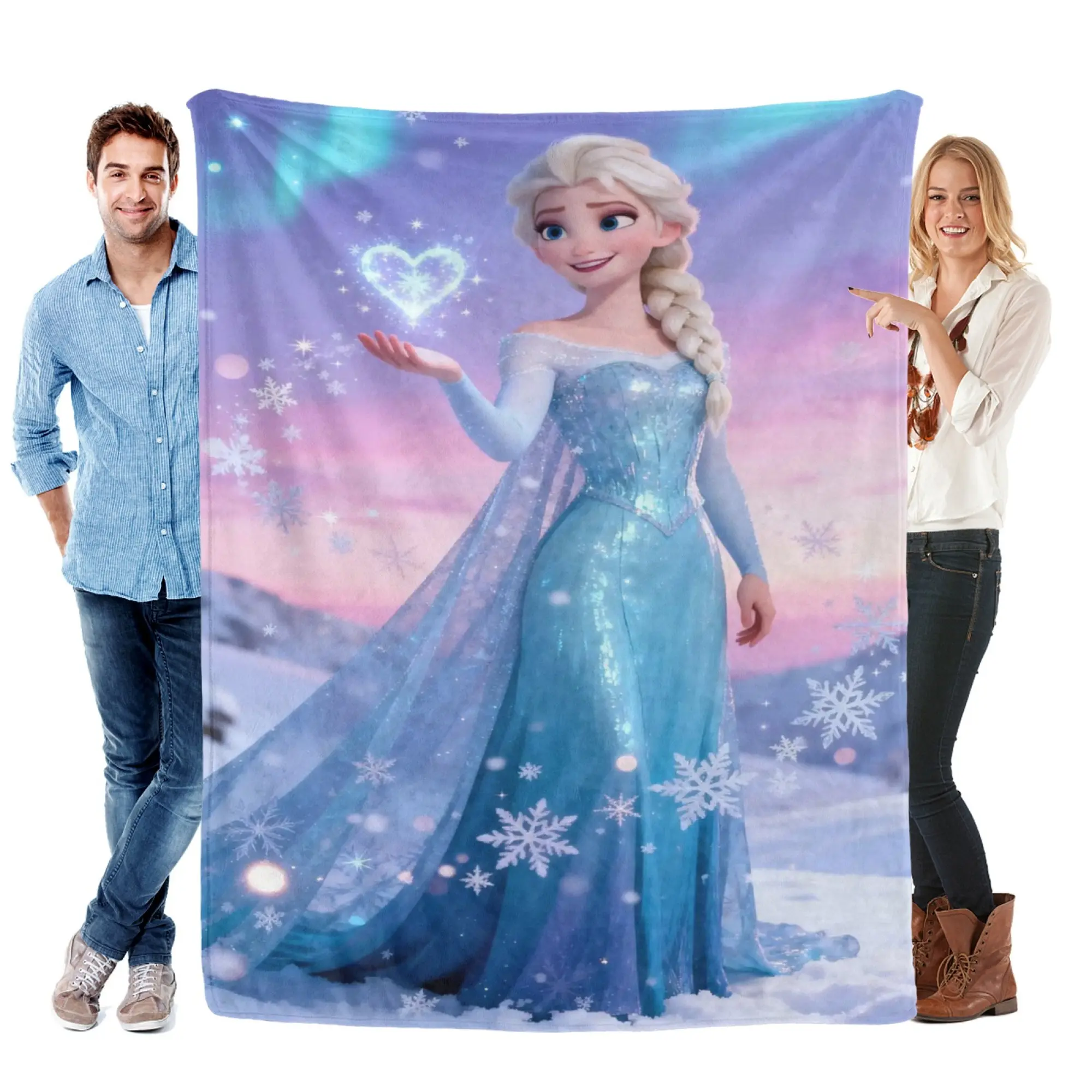 [SummerVibes] DISNEY CLASSIC Frozen Elsa Flannel Blanket, Vibrant 2D Print Ice Heart Throw for Bed, Couch & Home
