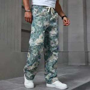 Vintage Floral Tapestry Wide-Leg Pants | Blue Aesthetic Woven Bottoms