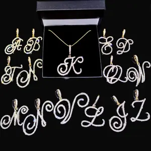 Bling Iced Out Paved Rhinestone Cursive Letter Pendant Necklace For Women Fashion A-Z Initial Letter Rope Chain Necklace Jewelry