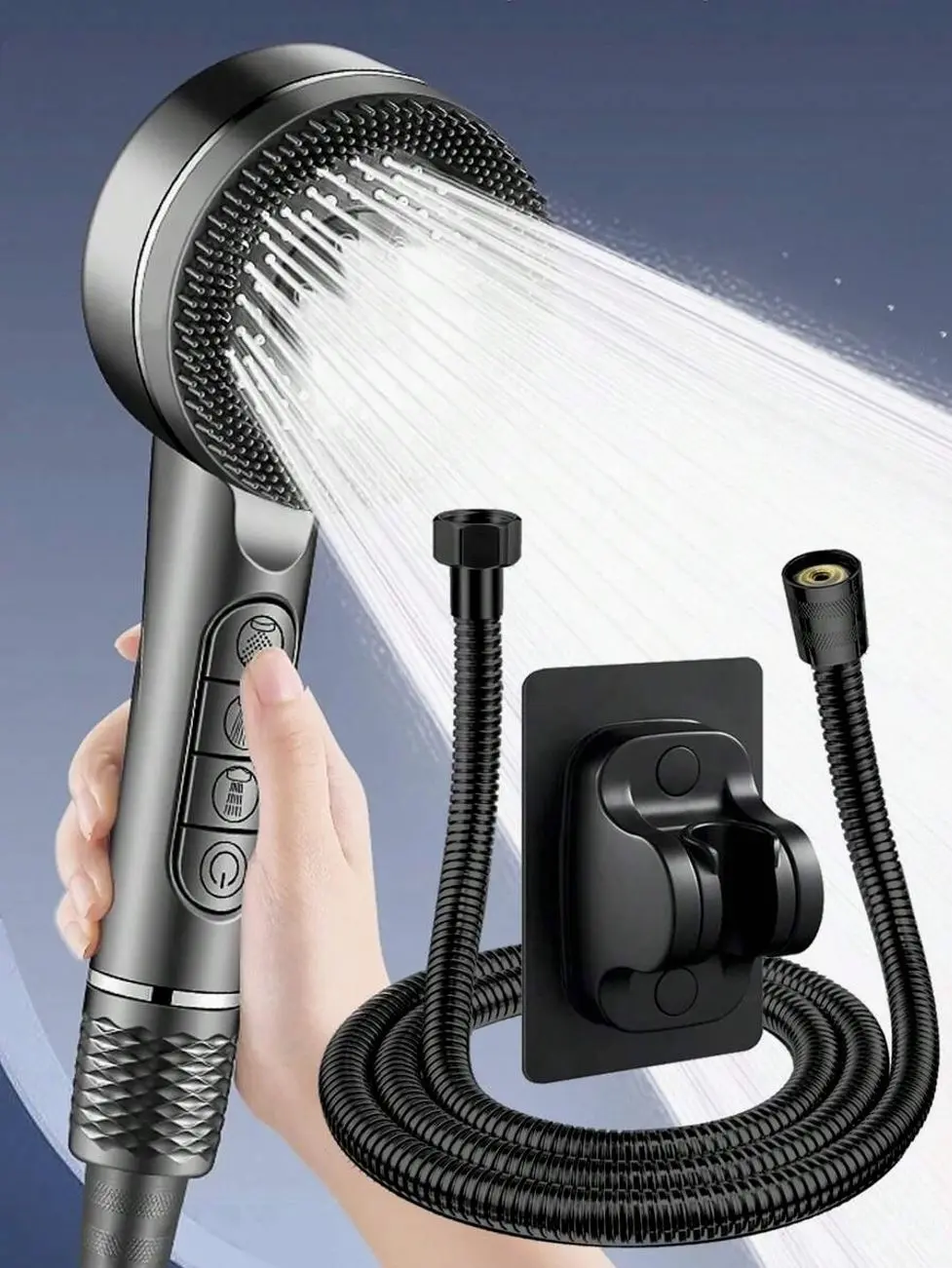 High-Pressure Shower Head Set, 4-Mode Adjustable Spray with Filter, Stainless Steel Hose and No-Drill Wall Mount for Bathroom Upgrade