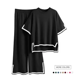 Danedvi Womens Plus Size L-5XL Lounge Sets 2 Piece Outfits Short Sleeve Pullover Tops Wide Leg Pants Summer Travel Outfits