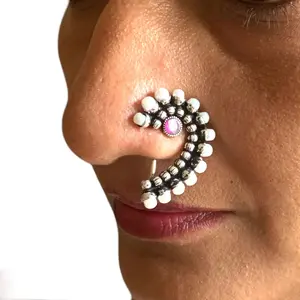 Elegant Bollywood Marathi Nath | Clip-On Nose Ring with Oxidized Pearl for Weddings, Pooja, and Festive Glam | Available in Multiple Colors