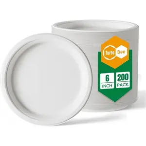 Turbo Bee 200 Pack 6 Inch Disposable Compostable Sugarcane Bagasse Plates White - Heavy Duty Biodegradable Round Dessert Appetizer Cake Plates for Parties