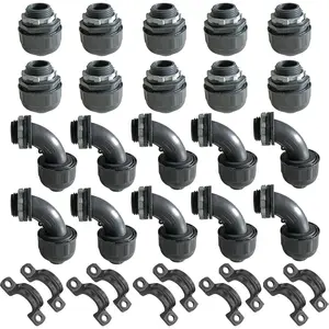 (1/2" Conduit  30 Pack)  1/2 Black Special Extra Flexible Plastic Liquid Tight Conduit Connector Kit, Include 10 Conduit Couplings, 10 Conduit 90  Elbows, 10 Conduit Strap